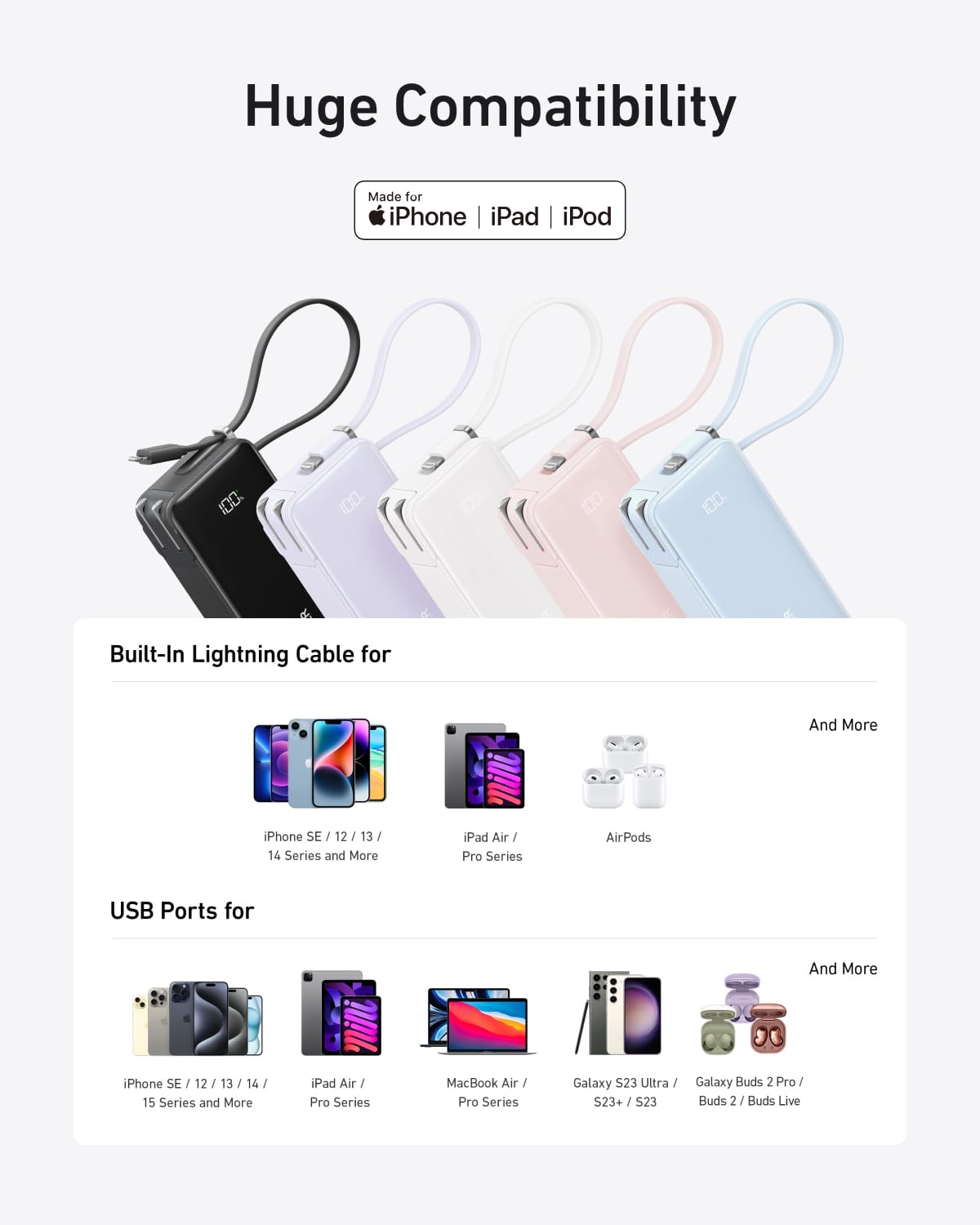 Power Bank (10K, Fusion, Built-In Cable)