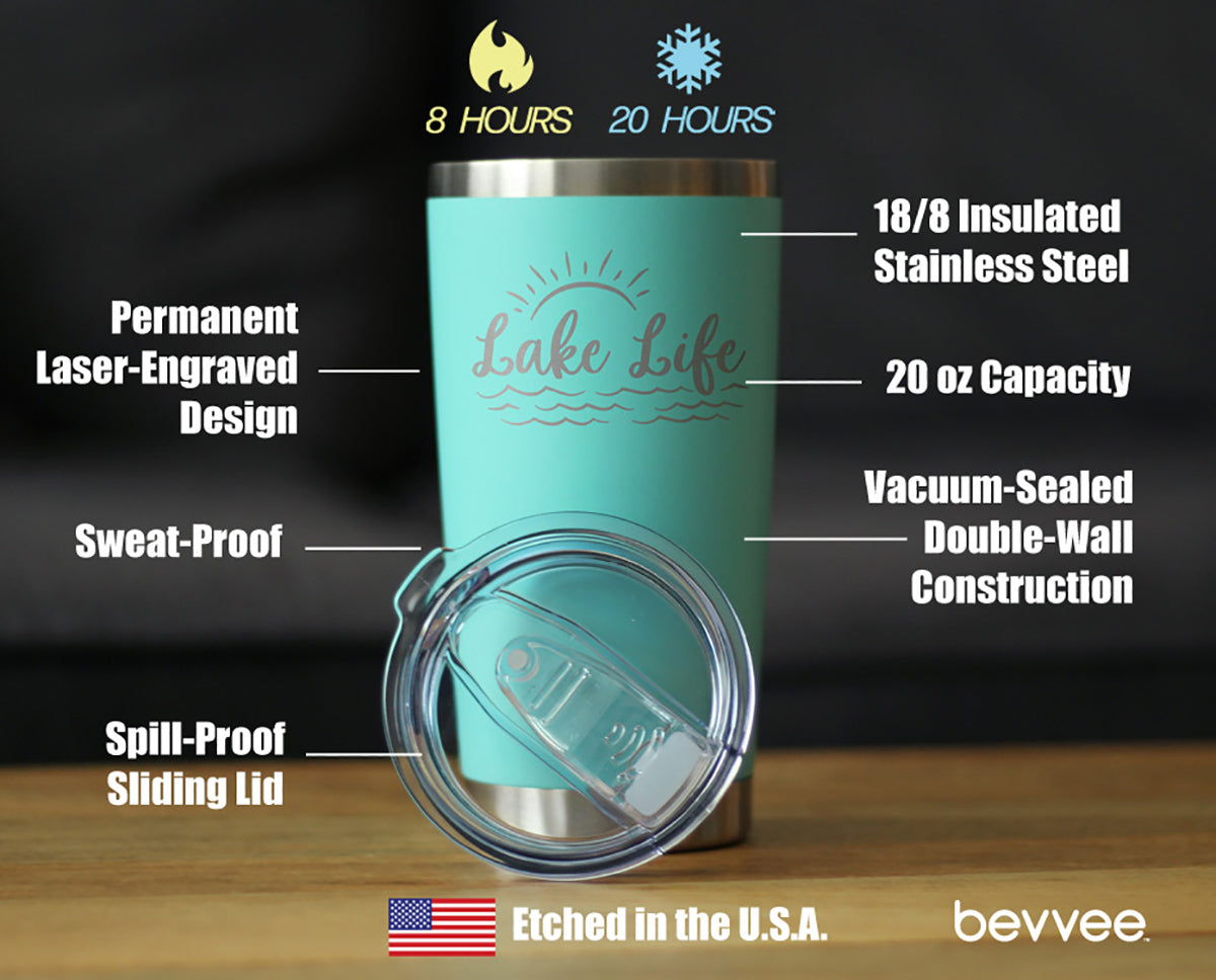 Lake Life - Insulated Coffee Tumbler Cup with Sliding Lid - Stainless Steel Insulated Mug - Cute Outdoor Camping Mug and Lake House Decor