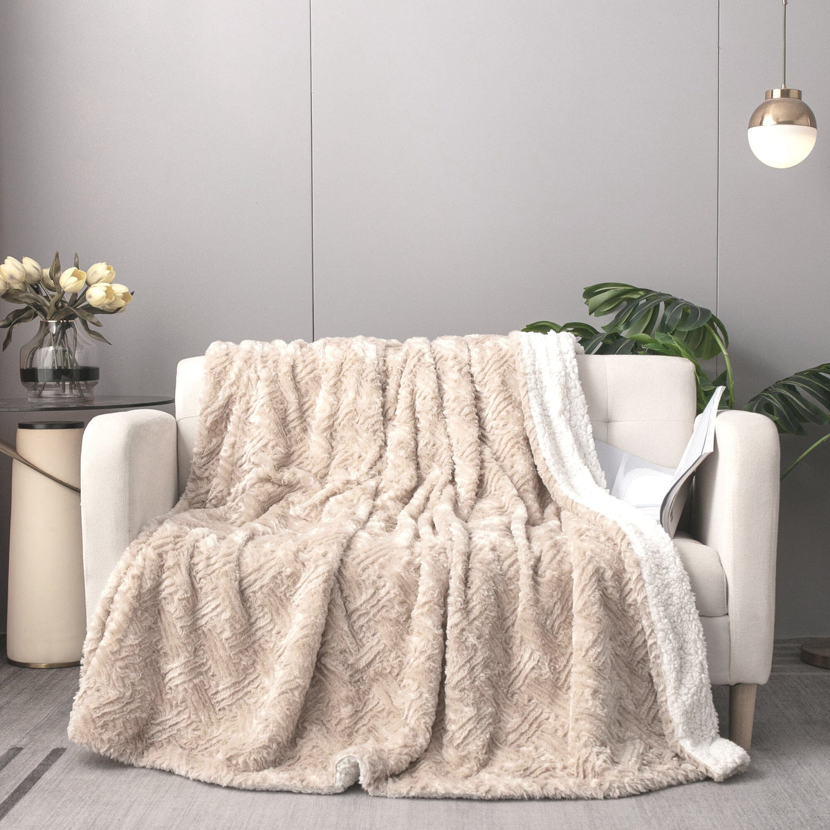 Champange Ivory Geometric Faux Fur Throw Blanket