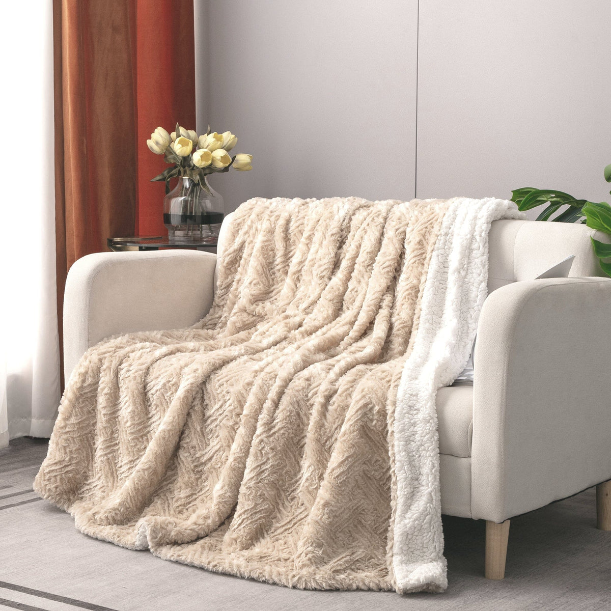 Champange Ivory Geometric Faux Fur Throw Blanket