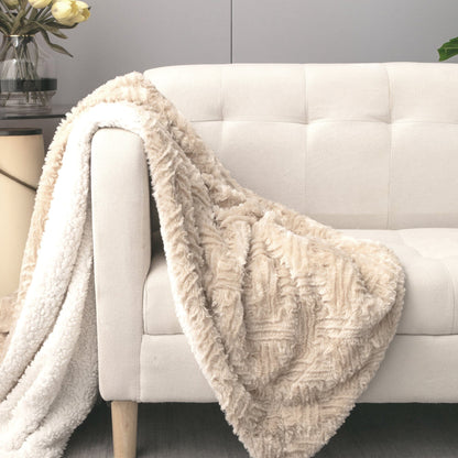 Champange Ivory Geometric Faux Fur Throw Blanket