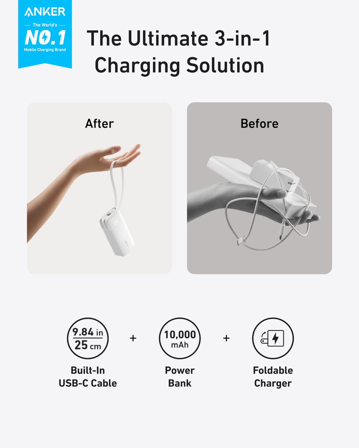 Power Bank (10K, Fusion, Built-In Cable)
