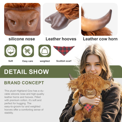 17.7 Inches Highland Cow Plush Handmade Collectable– Weighted Toy for Kids & Adults