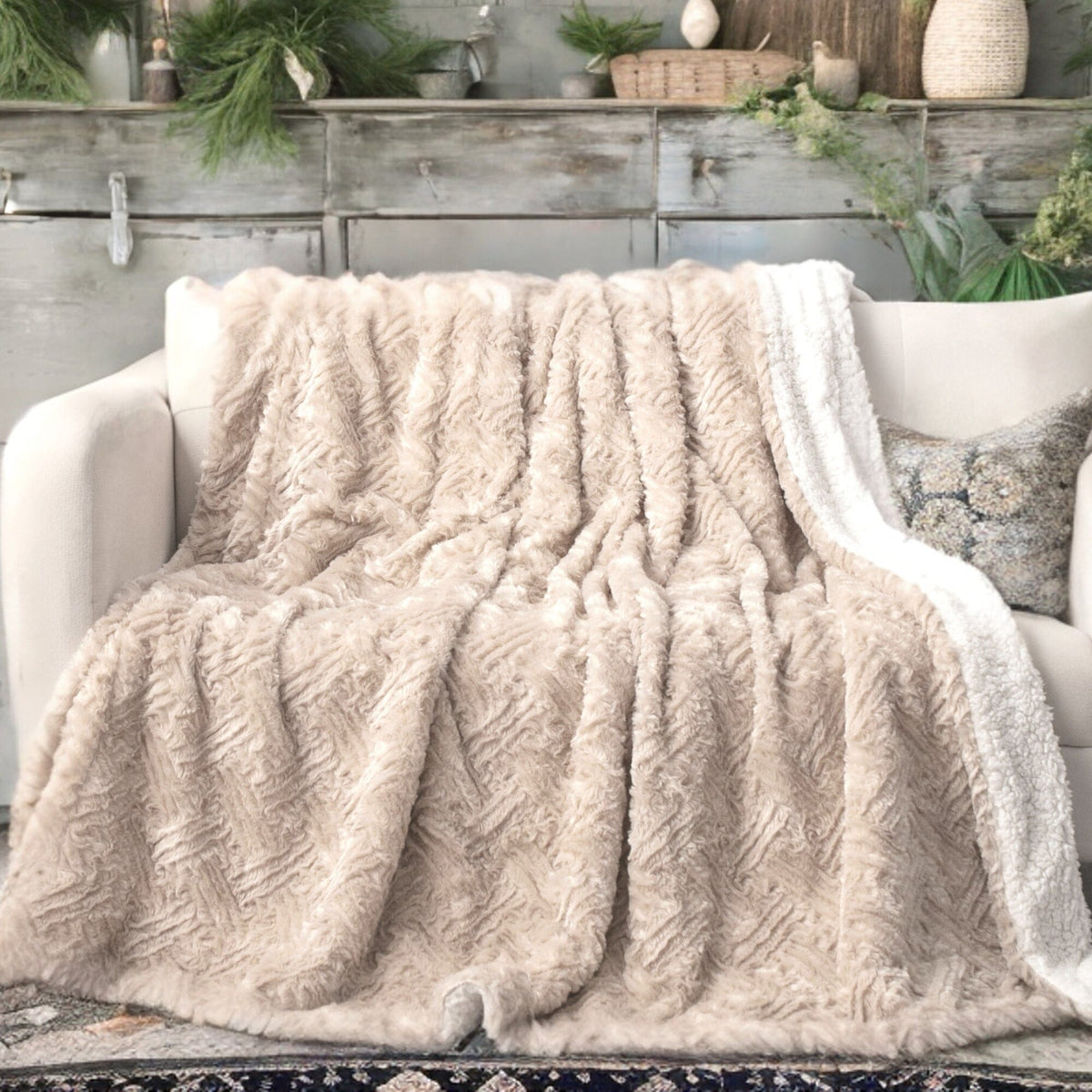Champange Ivory Geometric Faux Fur Throw Blanket