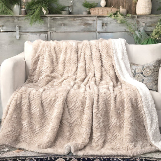 Champange Ivory Geometric Faux Fur Throw Blanket